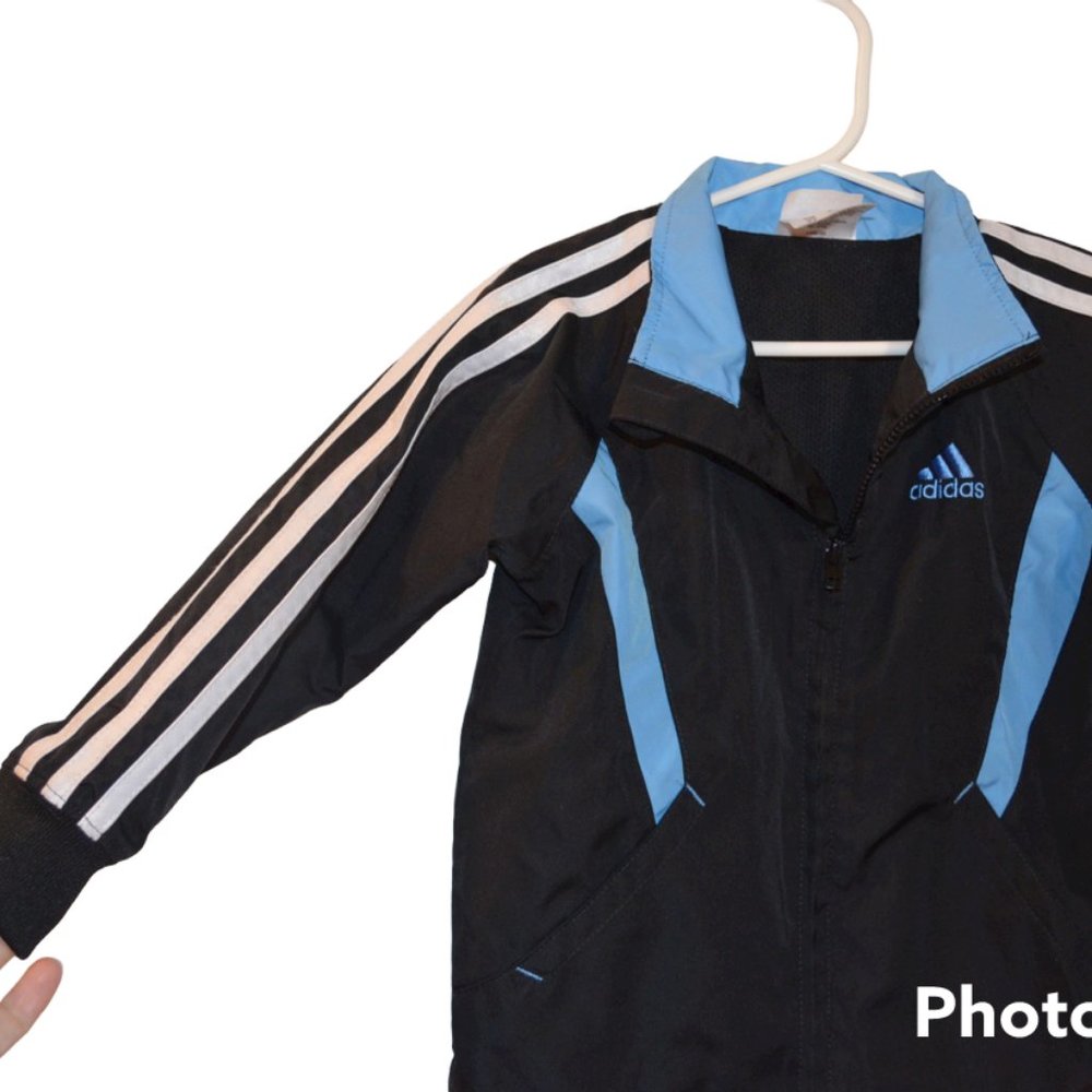Adidas 3-Stripe White Blue Poly Mesh Jacket in Black Boys 2T - Picture 2 of 5